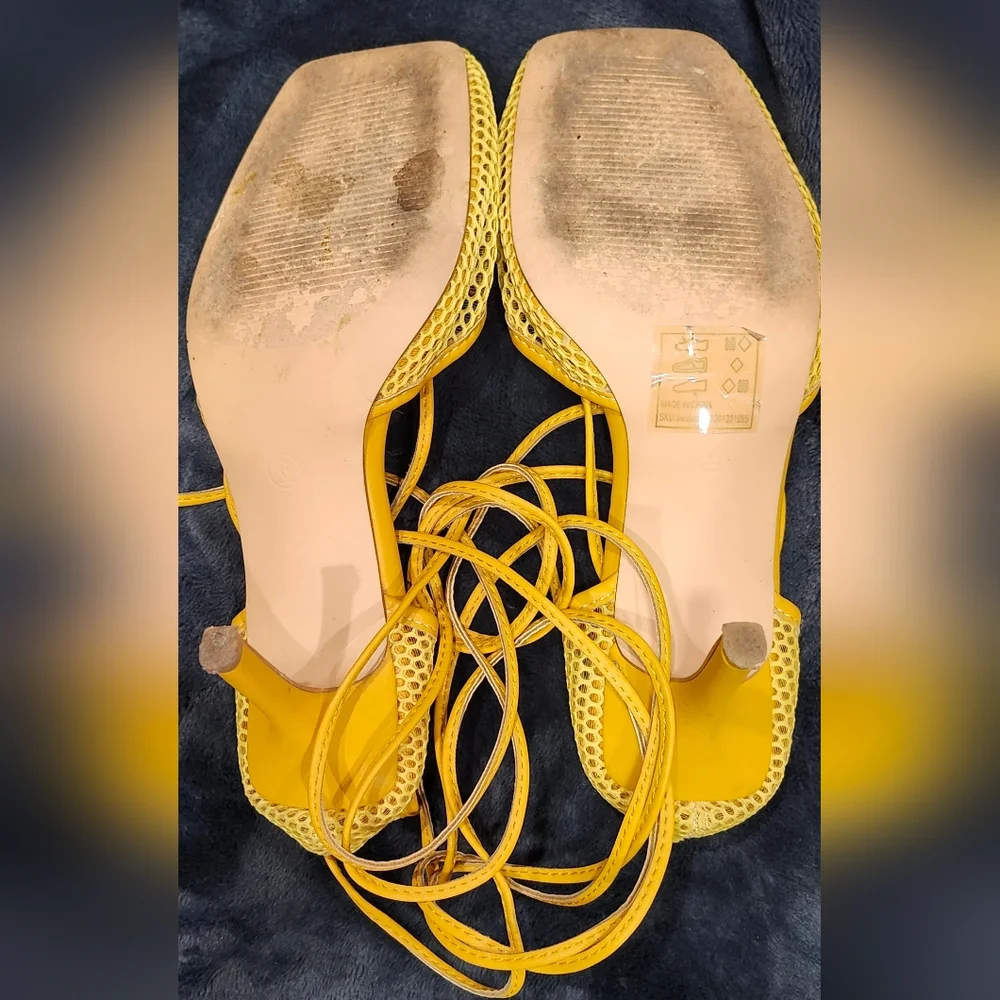 Shein Yellow Mesh Tie Around Ankle Heels Women's Size 6